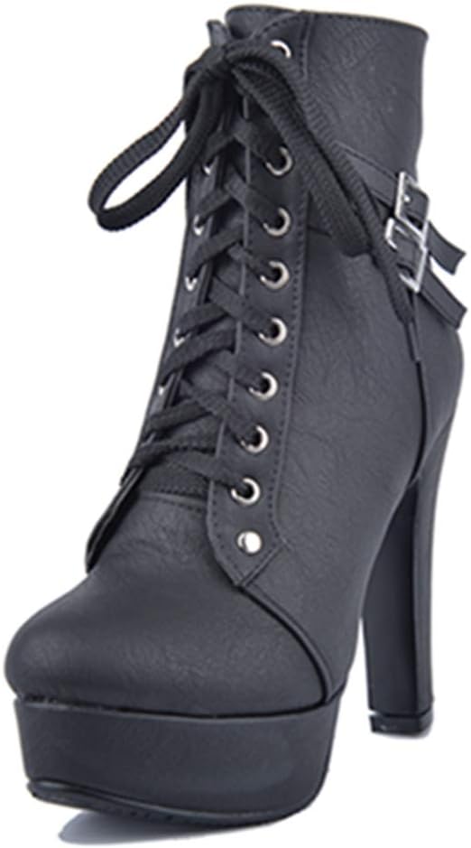 SJJH Ankle Boots with High Heel and Thick Platform Sexy Women Fashion Boots with Lace-up