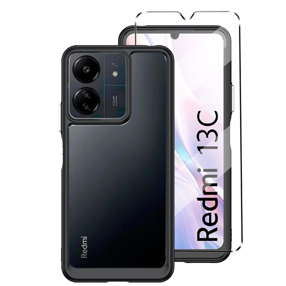 [2 in 1] Case Compatible with Xiaomi Redmi 13C 4G Cover with 1 Pack Tempered Glass Screen Protector for Xiaomi Redmi 13C 4G, Slim Fit Soft TPU + PC Shockproof Anti-Scratch Phone Case Cover - Black