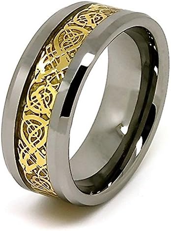 10mm Polished Tungsten Wedding Band with Golden Colored Celtic Dragon Inlay Size 12