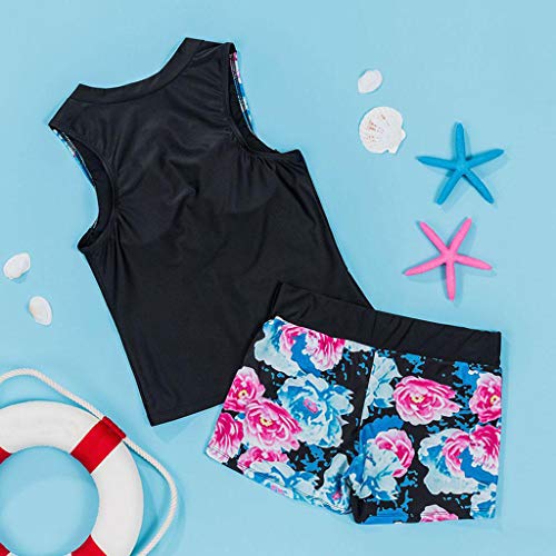 Sttech1 Women Floral Zip Front Tankini Swimsuit with Swim Shorts Sleeveless Rash Guard Surfing Swimwear Two Piece Set Blue - Thumbnail 4