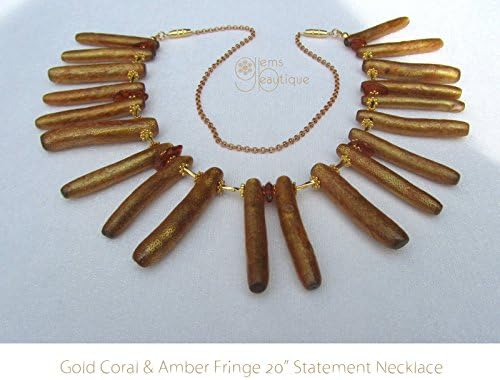GemsBeautique Baltic Amber and Gold Coral Stick Fan 20" Choker Necklace. Elegant Statement Fringe Fan Necklace.