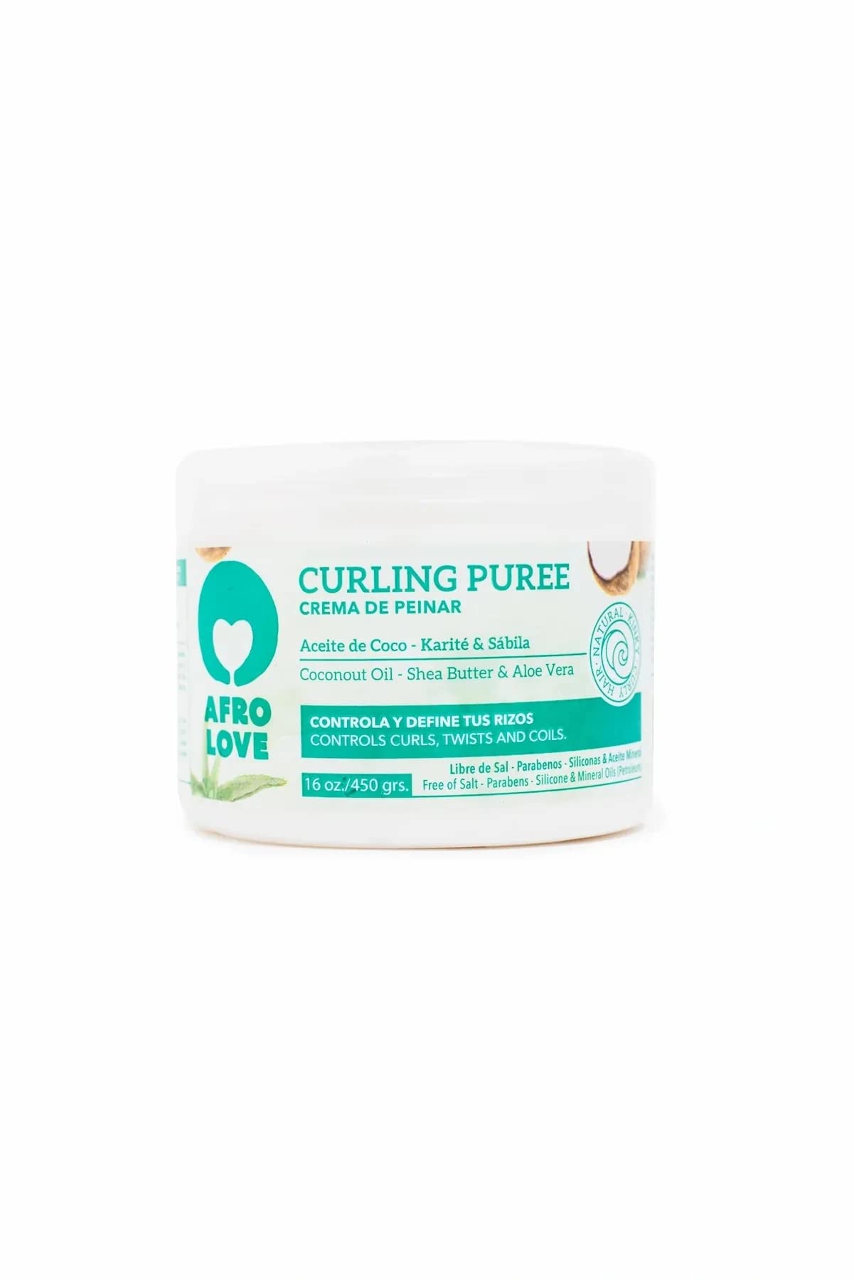 Afro Love Curling Puree 450 grams Curl Defining Cream with Coconut Oil, Shea Butter and Aloe Vera - silicone free, paraben free