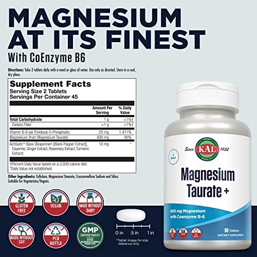 KAL Magnesium Taurate 400mg Plus CoEnzyme Vitamin B6, Chelated ...