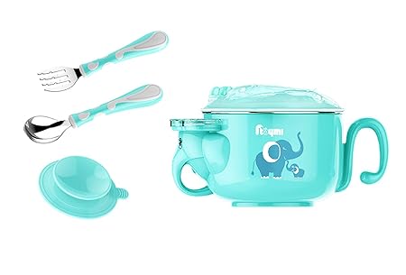 NOYMI Baby Insulation Suction Bowl, Water Injection Stainless Steel Nonslip Spill Proof Anti-Scald Infant Feeding Training Bowl - Keep Food Warm,BPA-Free Tableware(Blue)