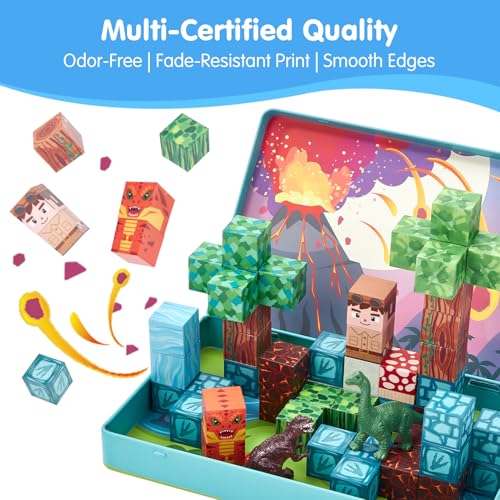 hahaland Bloques Magneticos Construccion Niños 52 Piezas, Cubos Magneticos con Temática de Bosque y Dinosaurios - Juguetes de Viaje Magnetic Blocks Construcciones Magneticas Niños para de 3 4 5 6 Años