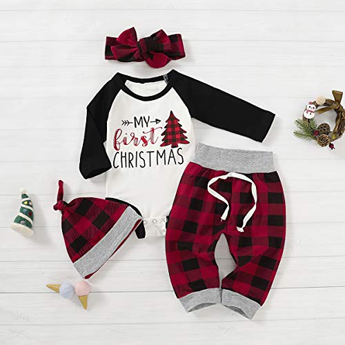 Tabpole Baby Mijn 1e Kerst Kleding Set Romper Plaid Broek Hoofdband Hoed 4 stks Xmas Outfits - Image 3