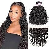 Beauty Forever Brazilian Virgin Curly Human Hair 13x4 ear to ear Full Lace Frontal Closure with 3 Bundles Curly Hair Weave Natural Color (20 22 24inch+16, free part frontal)