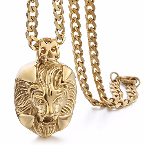 Hermah Lion Head Pendant Necklace Boys Mens Chain Gold Plated Stainless Steel Curb Cuban Link Hiphop Jewelry 24inch