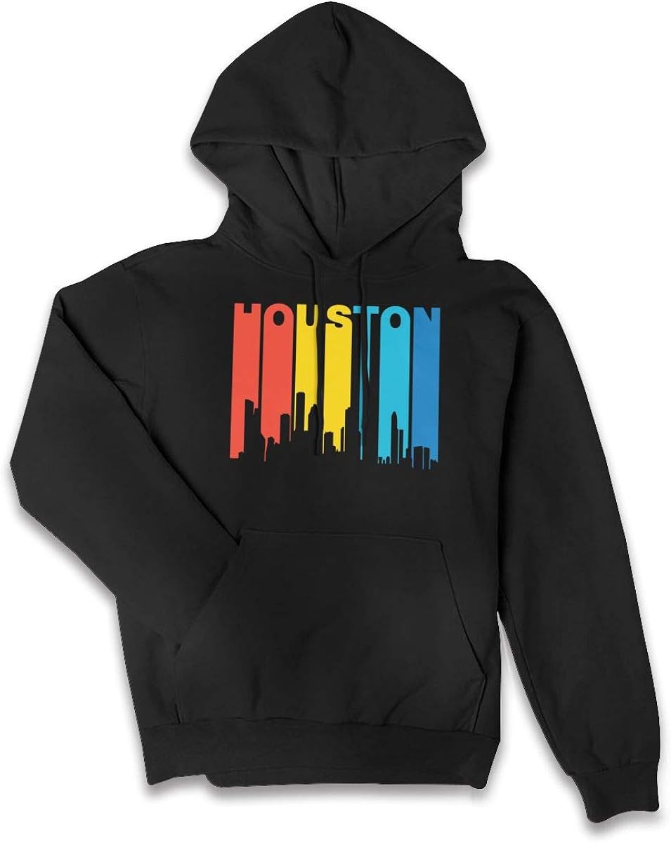 Womens Slim Fit Sweatshirt Hoodie Retro 1970s Style Houston Texas Skyline Coat with Kanga Pocket
