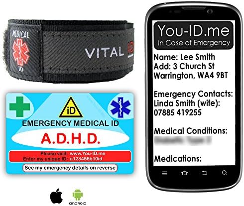 ADHD Identity Bracelet Medical ID Card Set. Store Vital Emergency Information Accessible by Smartphone. Alerts Contacts/Next of Kin in Case Accident Emergency. Helps Teachers etc.