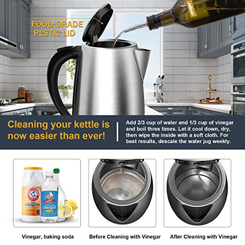 Electric Kettle, 1.7L BPA-Free Stainless Steel Water Kettle Tea Kettle with Cordless Auto Shut-Off & Boil-Dry Protection, 1500W Fast Boiling, FCC & FDA Approved