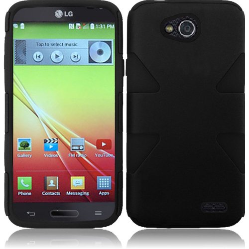Black Dual Layer Shockproof Hybrid Silicone Cover Case + Atom LED Keychain Light for LG Optimus L90 D415 (T-Mobile)