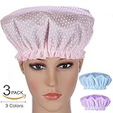 3 Pcs Mold Resistant Waterproof Lined Reusable Shower Cap 3 Colors With Polka Dots Double Layer Waterproof Design
