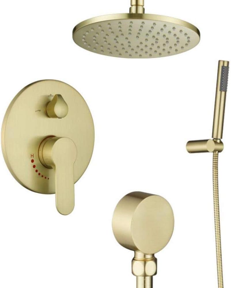 Shower Head Universal Handheld Shower Brushed Gold Solid Brass Bathroom Set 10 Inch Faucet Wall Mounted Arm Mixer Water Set High Pressure Water Saving Durable Bathroom Accessories