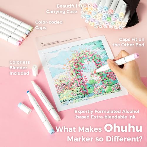 Ohuhu Marcadores Pastel Punta Pincel - 48 Colores Pastel Doble Punta, Set de Marcadores Honolulu Sweetness para Artistas Adultos Colorear Bocetos Ilustración - Pincel y Cincel
