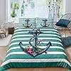 Teal Anchor Duvet Cover Set Queen Size, 3 Pcs Nautical Anchor Bedding Set with Coral Starfish Turquoise Stripe Comforter… 51oecabpt0L