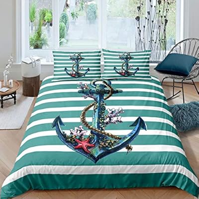 Teal Anchor Duvet Cover Set Queen Size, 3 Pcs Nautical Anchor Bedding Set with Coral Starfish Turquoise Stripe Comforter… 51oecabpt0L
