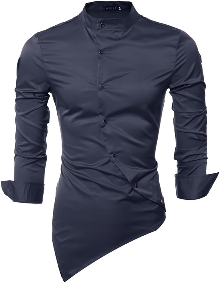 Men's Cotton Slim Shirt - Solid Colored Oblique Placket Standing Collar Long Sleeve T Shirts Satin Fabric Simulation Silk Fashion Slim Tops (Color : 2, Size : L)