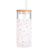 Tronco 20 oz Glass Tumbler with Lid and Straw, Iced Coffee Cup and Smoothie Cup with Bamboo Lids & Protective Silicone Sleeve, Dishwasher Safe, BPA-Free, Glass Cup 1 Pack