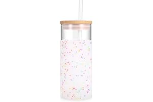 tronco 20 oz Glass Tumbler Glass Water Bottle Straw Silicone Protective Sleeve Bamboo Lid - BPA Free (Colorful spots/ 1pack)