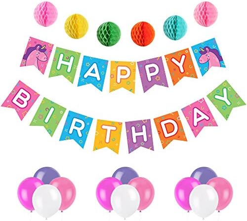 Unicorn Happy Birthday Banner - Premium Party Supplies Multi-Colored Rainbow Pennant with Letters - Party Decorations with 6 Pom Pom Balls and 12 Balloons - Premium Quality, Ideal for Unicorn Party