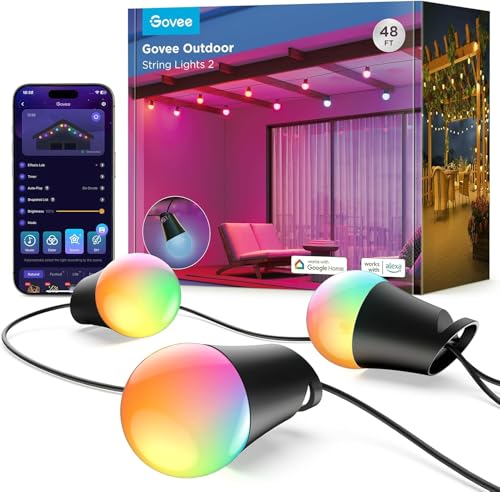 Govee Outdoor LED Lichterkette Außen 2, 15M Dimmbare RGBICW Lichterkette mit 16 Millionen Farben und 47 Szenenmodi, 100lm pro LED Lebensdauer 25000h, IP65 Wasserdicht, Funktioniert mit Google Home