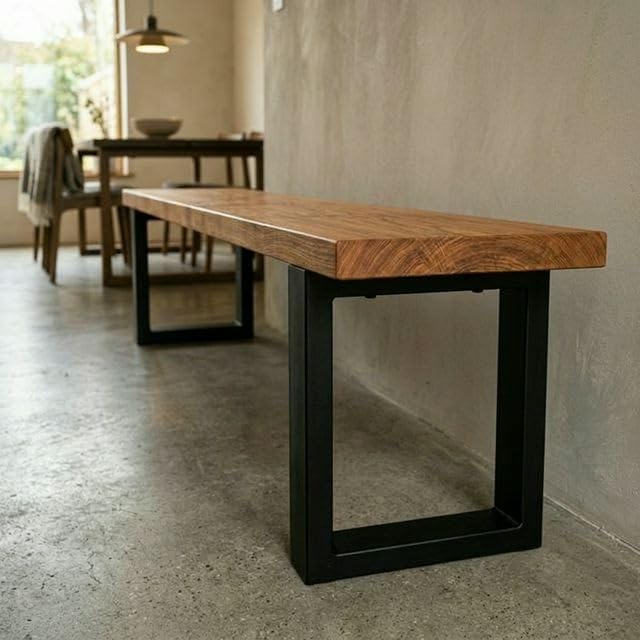 CASA FERRO Elegante Banca Exterior Resistente de Madera Maciza y Metal. Pie de Cama King Size, Comedor, Terraza, Jardín. Estilo Moderno Minimalista. (Tono Olmo XG 2.00 m)