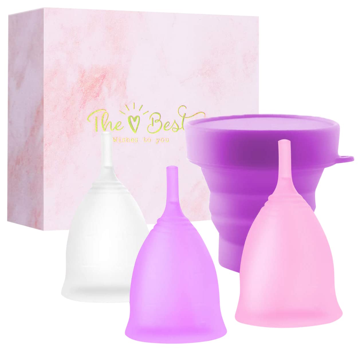 Menstrual Cups, Period Cup Set for Regular & Heavy Flow, Comfortable Leak-Proof, Sanitary Pad and Tampon Alternative, Feminine Hygiene Products (2 Large+1 Small+1 Sterilizing Cup)