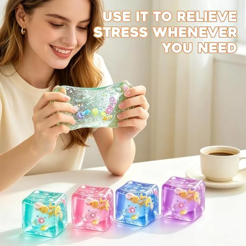 4 Pack Ice Cube Squishy Stress Ball–Soft Dough Squishy Fidget Toys,Mini Colorful Sensory Squeeze Cubes for Relaxation&Focus,Perfect for Classroom Prizes&Party Favors (4, Seashells, 1.4in)