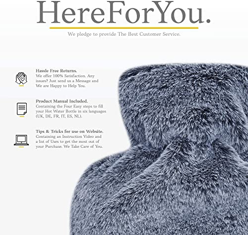 Wärmflasche mit flauschigem Bezug, 1,8L Wärmflasche aus reinem Naturkautschuk, Warmes Handwärmer für Schmerzlinderung, Bettflasche für gemütliche Nächte, Tolles Geschenk für Frauen (Dunkelgrau)