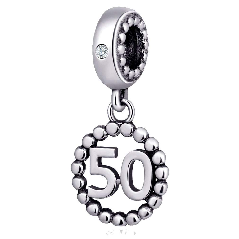 Number Bracelet Charms - 925 Sterling Silver Pendants/Beads Fit Pandora Charm Bracelets, Necklace, and European Snake Chain, Dangling/Dangle Charm for Birthday.(Number 50)
