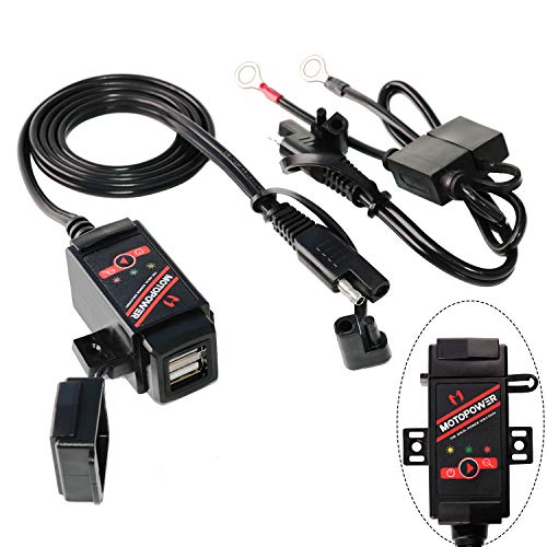MOTOPOWER MP0608 3.1Amp Motorcycle Dual USB Charger SAE to USB Adapter Battery Monitor with Switch Control and LED Indicator Prevent Battery Over-Discharge