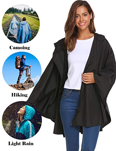 image for SoTeer Womens Black Poncho Outdoor Packable Water Proof Rain Jacket Ho