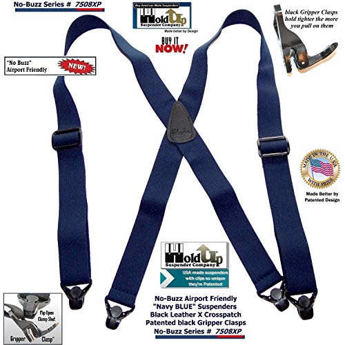 Holdup Dark Blue No-Buzz X-back Suspender with patented composite plastic Gripper Clasps