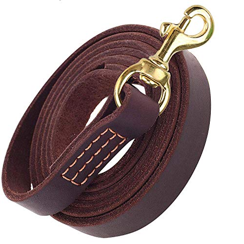 ANCHEER AN-DL002 Dog Leather Leash 6ft long by 3/4 Inch Wide, Genuine Training Leather Leash, Brown, With Free