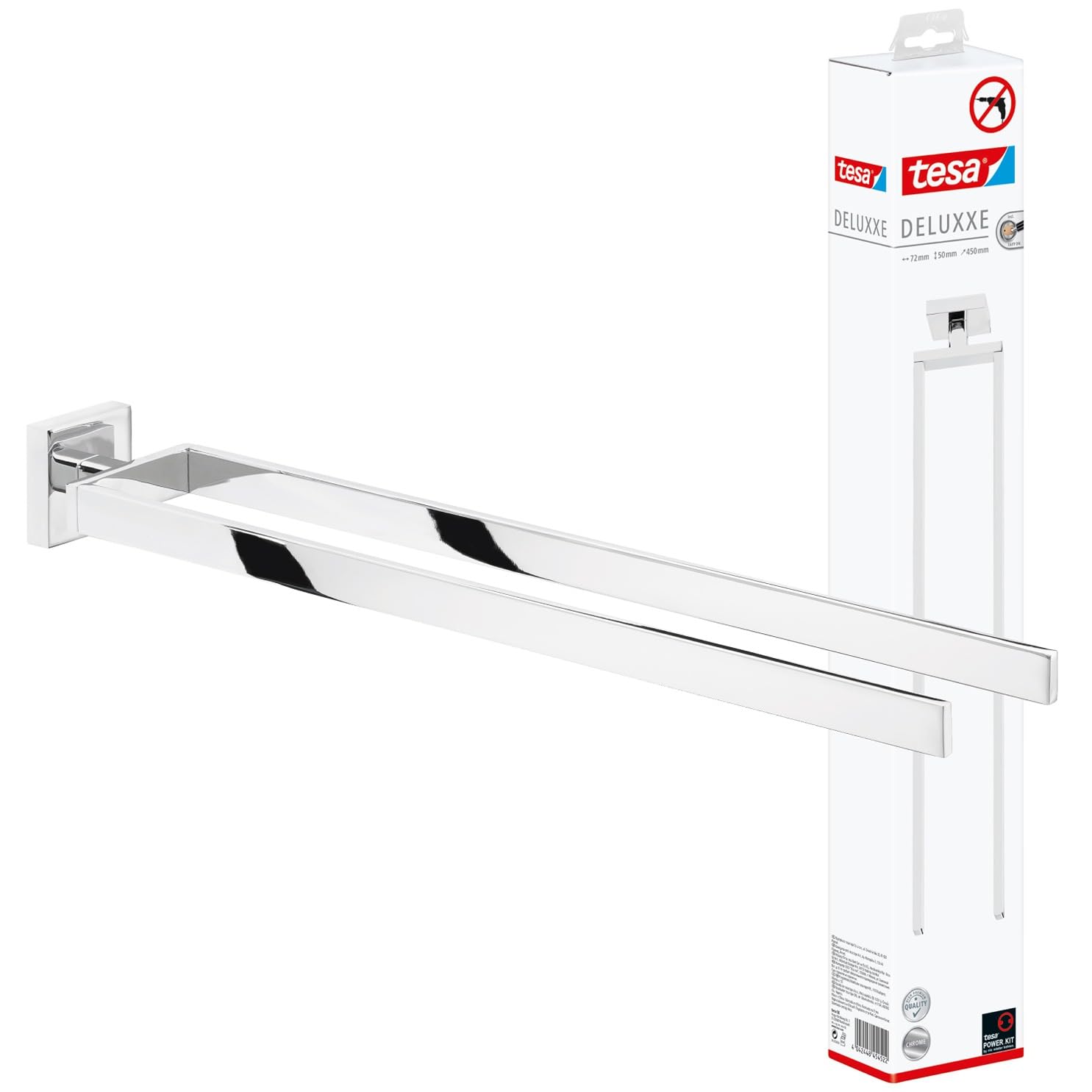 tesa DELUXXE Double Towel Holder - Wall-Mounted, Stainless-Steel Towel Holder with Two Swivel Arms - waterproof, incl. Power.Kit Adhesive Solution - 50mm x 72mm x 450mm