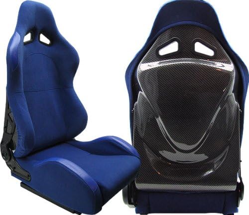 1 PAIR Carbon look Back Cloth with Faux Leather Side Sport Reclinable Racing Seats With Sliders (Blue)