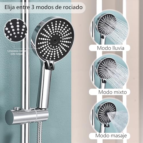 KeeGone Kit de ducha sin grifería ajustable en altura Ducha de lluvia redonda 26 cm y ducha de mano 3 chorros Acero inoxidable instalación rápida