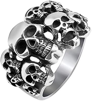 KHETAMNY Vintage Classic Gothic Multi Skull Head Biker Stainless Steel Ring Band for Men