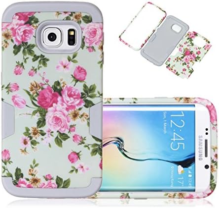 S6 Edge Case, Galaxy S6 Edge Case, CexCob Fashion Rose Flowers [Shockproof] Slim 3 in 1 Hybrid Rugged Heavy Duty Combo High Impact Durable Back Cover Phone Case for Samsung Galaxy S6 Edge, Grey