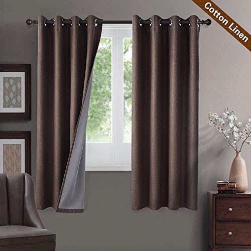GIAERD 100% Blackout Cotton Linen Window Curtains Panels for Living Room Bedroom, Grommet Top Thermal Insulated Room Darkening Drapes,Wide 52 by Legnth 63 -Inches,1 Pair,Brown
