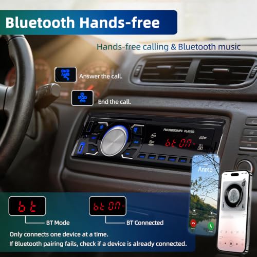 Car Radio Bluetooth 1 DIN – Car Radio with Remote Control/FM Radio/USB | Supports Hands-Free Calls/AUX-in/EQ/ Type-C Charging - 12V Car Stereo