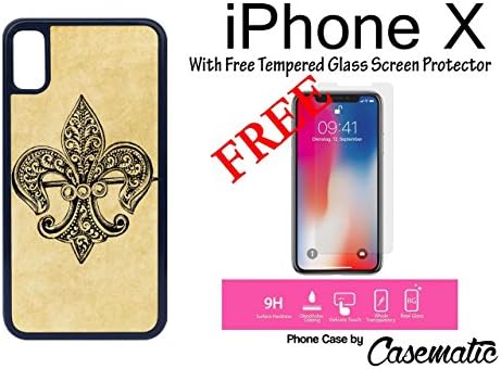 iPhone X Case Vintage Teal Fleur de Lis, Plastic Black Protective Phone Case For Apple iPhone X With Free .33 mm Premium Tempered Glass Screen Protector by Casematic