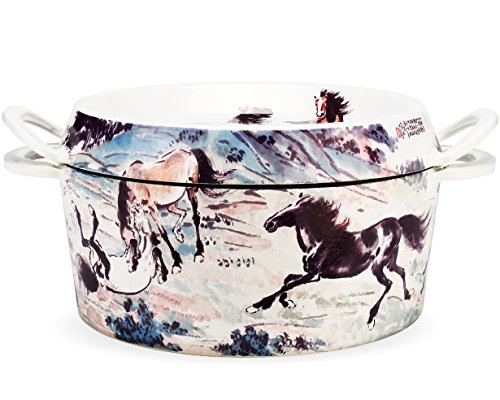 Click Here to See More Images Hand Painted Enameled Cast Iron Dutch Oven,4.5-Quart,Chinoiserie,Collector's Edition,Xu Beihong,Ten horses