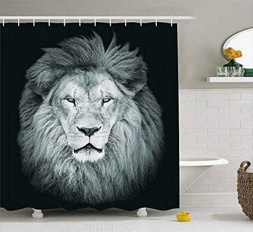Hxincyu Safari Decor Collection, Portrait of Huge Male African Lion Head with Fire Mane Against Dark Background Image Print, Polyester Fabric Bathroom Shower Curtain, Gray,66 W X 72 L Inches