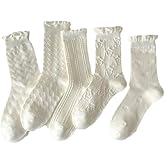 Tyadorw 5 Pair Cute Beige Cottagecore Cable Knit Ankle Socks - Floral & Heart Designs