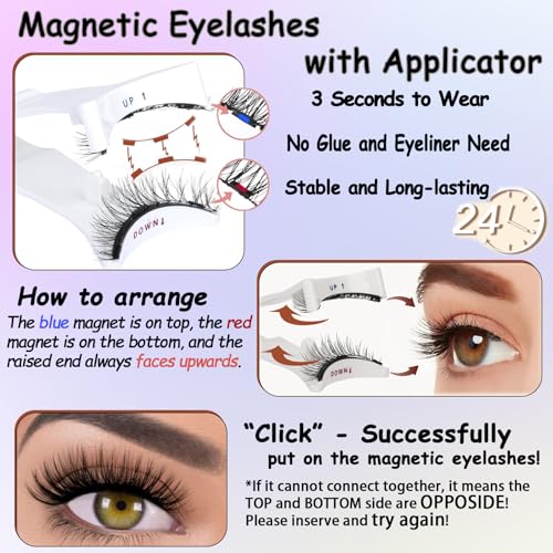 Magnetic Eyelashes with Applicator – 3 Pairs Reusable Magnetic Lashes Natural Look, Wispy Strip & 3/4 Half False Eyelashes Kit, No Glue Needed, 4 Magnet Upgrade,Elegant Black Lash Box with Mirror