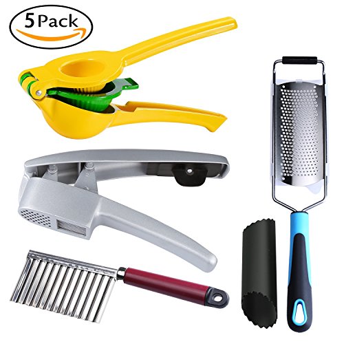 Garlic Press Lemon Lime Squeezer Kitchen Utensil Set 5-pack,Stainless Steel Mincer and Silicone Tube Roller Premium Metal Lemon Lime Press Juicer Cheese Grater Potato cutter