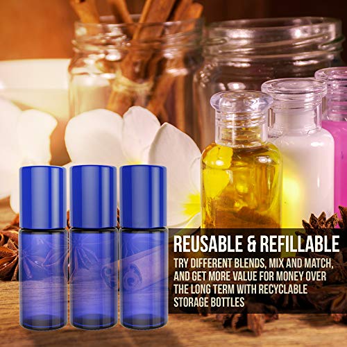 Essential Oil Roller Bottles [Plastic Roller Ball] FREE Plastic Pippette and Funnel - Refillable Glass Color Roll On for Fragrance Essential Oil - 30ml 1 oz (4 PACK, BLUE) - Thumbnail 2