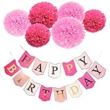 Mudder Happy Birthday Banners Paper Pom Poms Flowers with 3 Meters Strip for Birthday Party Decorations